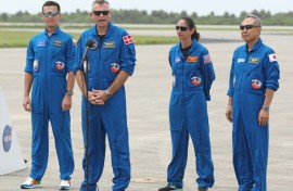 Crew-7 members speak on their arrival at the Kennedy Space Center in Florida