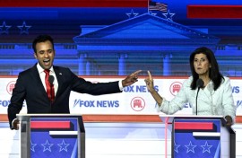 Republican White House hopefuls Vivek Ramaswamy and Nikki Haley in the first GOP televised debate in August 2023