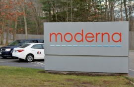 The Moderna logo is seen at the Moderna campus in Norwood, Massachusetts
