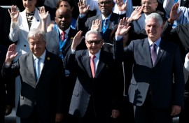 Cuban former president Raul Castro (C), Cuban President Miguel Diaz Canel (R), and United Nations General Secretary Antonio Guterres attend the G77+China summit in Cuba