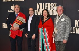 (L-R) Osage Nation leader Geoffrey Standing Bear, writer David Grann, Julie Standing Bear and Osage designer, Chad Renfro, at the movie's preview