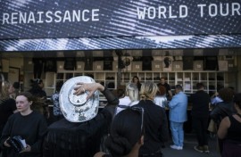 Fans of US musician Beyonce queue to buy merchandise at the Friends Arena to watch her first concert of the World Tour named “Renaissance”, in Solna, north of Stockholm on May 10, 2023