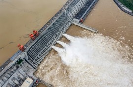 Water is released from the Three Gorges Dam, a hydropower project on the Yangtze river, in central China's Hubei province, in 2020