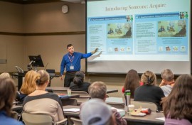 Attendees listen during the ICILDER 2023 Conference (International Conference on Indigenous Language Documentation, Education, and Revitalization) in Bloomington, Indiana, on October 13, 2023