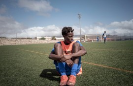 Mamadou Ndoye, a 17-year-old from Senegal who  dreams of becoming a professional footballer, at a training session on the Spanish island of Tenerife,