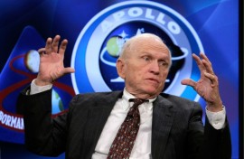 Apollo 8 crew member Frank Borman speaks during a NASA TV program in Washington, DC in 2008
