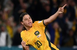 Sam Kerr celebrates scoring against England in the World Cup semi-finals