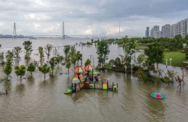 This aerial photo taken on July 28, 2020 shows a flooded sports ground along the Yangtze River in Wuhan in China's central Hubei province