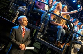 An actor plays Israeli Prime Minister Benjamin Netanyahu on the set of satirical sketch show 'Eretz Nehederet' 