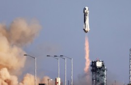 Blue Origin’s New Shepard lifts off from the launch pad carrying 90-year-old Star Trek actor William Shatner and three other civilians on October 13, 2021 near Van Horn, Texas