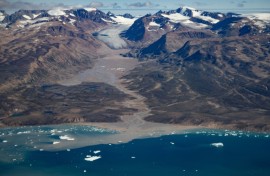 This aerial photograph taken on August 11, 2023, shows a glacier around "Constable Point" severely melted due to warm temperatures along the Scoresby Sound Fjord, in Eastern Greenland