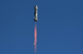 A Blue Origin rocket takes off in Texas in March 2022 