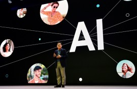 Samsung Electronics CEO JH Han highlights AI developments at a CES press event in Las Vegas