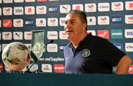 Nigeria coach Jose Peseiro speaking to press in Abidjan on Saturday