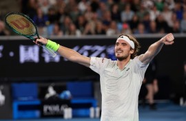 Stefanos Tsitsipas celebrates after victory against Australia's Jordan Thompson at the Australian Open