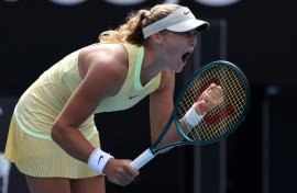 Russia's Mirra Andreeva reacts after a point against France's Diane Parry at the Australian Open