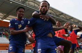 Bebe celebrates after scoring Cape Verde's opening goal against Mozambique