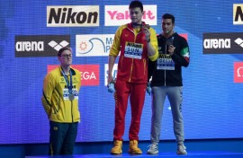 Australia's Mack Horton (L) refused to stand on the podium with gold medallist Sun Yang (C) at the 2019 world championships