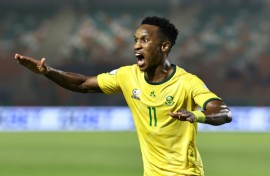 Themba Zwane celebrates his second goal for South Africa against Namibia.

