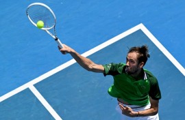 Russia's Daniil Medvedev serves against Portugal's Nuno Borges at the Australian Open