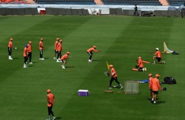 India's cricket team players take part in a practice session at the Rajiv Gandhi International Cricket Stadium in Hyderabad on January 23 