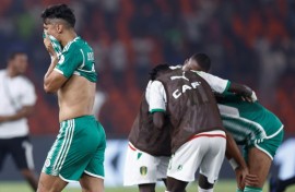 Algeria's Baghdad Bounedjah reacts after defeat by Mauritania sent the 2019 champions packing from the Africa Cup of Nations