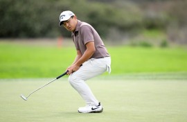 Kevin Yu of Taiwan reacts to a missed putt on the way to the first-round lead in the US PGA Tour Farmers Insurance Open at Torrey Pines in La Jolla, California