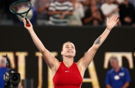 Aryna Sabalenka celebrates after victory against Zheng Qinwen in the Australian Open final