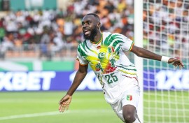 Lassine Sinayoko celebrates  scoring for Mali against Burkina Faso.

