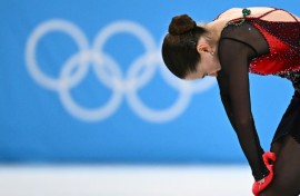 Under pressure: Russia's Kamila Valieva fell from first to fourth after the free skating final at the Beijing Olympics