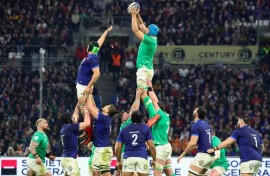 Ireland's Tadhg Beirne (CR) catches the ball during the Six Nations opener against France at the Stade Velodrome in Marseille