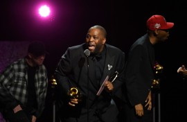 Killer Mike (C) won big in the rap categories, taking three prizes including best rap album