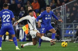 Jude Bellingham (C) allegedly insulted Mason Greenwood (R) during Real Madrid's comfortable win at Getafe on Thursday