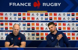 William Servat (L) and France captain Gregory Alldritt face the press after the defeat by Ireland