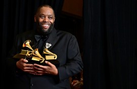 US rapper Killer Mike poses in the press room with the Grammy for Best Rap Performance, Best Rap Album and Best Rap Song during the 66th Annual Grammy Awards at the Crypto.com Arena in Los Angeles on February 4, 2024
