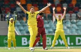 Xavier Bartlett (C) starred with the ball for Australia in their one-day international against the West Indies