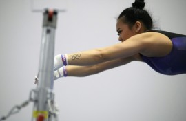 US gymnast Sunisa Lee participates in a workout at the USA Gymnastics Women’s Artistic and Rhythmic Gymnastics Media Day