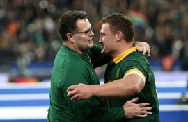 Rassie Erasmus (L) eyes a historic third successive Rugby World Cup title after committing to the Springboks till 2027