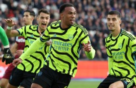 Gabriel Magalhaes (centre) scored in Arsenal's 6-0 thrashing of West Ham