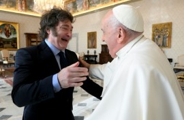 This photo taken and handout on February 12, 2024 by The Vatican Media shows Pope Francis during a private audience with Argentinian President Javier Milei in The Vatican.