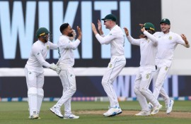 South Africa players celebrate the dismissal of New Zealand batter Kane Williamson on Wednesday 
