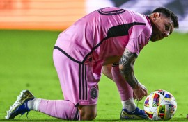 Inter Miami striker Lionel Messi prepares a kick during a 1-1 draw between the MLS side and Messi's Argentine boyhood club, Newell's Old Boys
