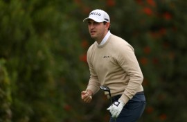 American Patrick Cantlay  reacts to a shot in the third round of the US PGA Tour Genesis Invitational at The Riviera Country Club, where he takes a two-shot lead into the final round