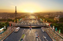 A computer-generated image of the opening ceremony of the 2024 Paris Olympics on the river Seine