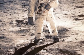 US Astronaut Edwin "Buzz" Aldrin is shown walking near the Lunar Module on July 20, 1969, during the Apollo 11 space mission 