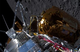 In this photo courtesy of Intuitive Machines, Odysseus passes over the near side of the Moon 