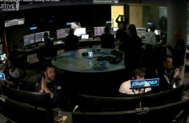This frame grab from NASA shows the control room of Intuitive Machines as its Odysseus lunar lander touches down on the moon