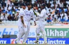 England spinner Shoaib Bashir celebrates after taking a wicket on the second day of the fourth Test against India in Ranchi