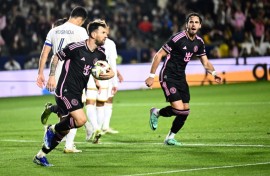 Lionel Messi celebrates his equalizer against LA Galaxy Dignity Health Sports Park on Sunday.