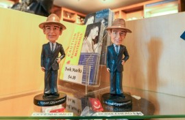 A Los Alamos tourist shop sells bobbleheads of J. Robert Oppenheimer, who is referred to around town by his affectionate nickname 'Oppie'